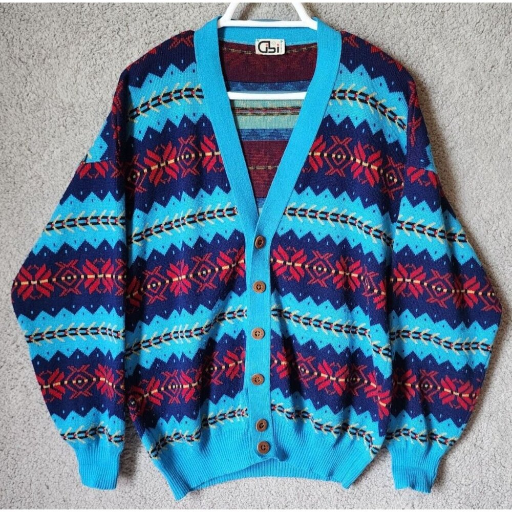 VTG Gibi Western Aztec Striped Button‎ Long Sleeve Cardigan Sweater Size Large